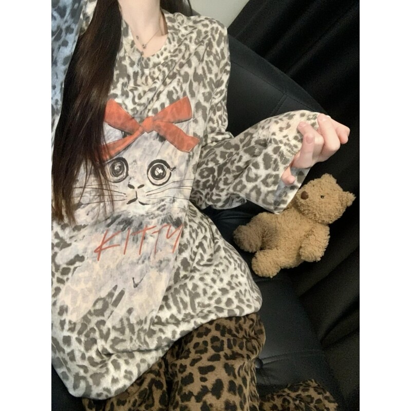 沐染家 美式豹纹小猫印花长袖睡衣女秋季宽松舒适可外穿居家套装