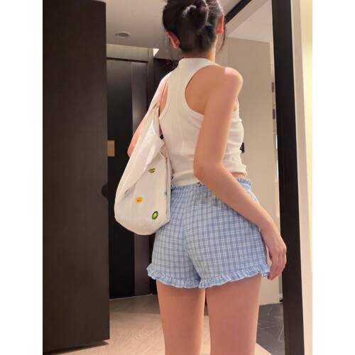 沐染家少女甜美蝴蝶结格子短裤