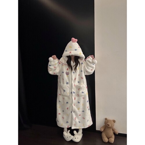 沐染家彩色波点珊瑚绒睡衣女冬