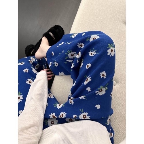 沐染家少女甜美花卉半边绒睡裤