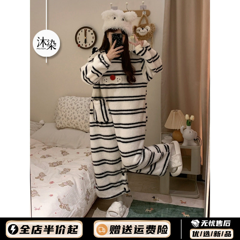 少女可爱卡通酷猫珊瑚绒连体睡裙睡衣女冬季加厚大码法兰绒家居服