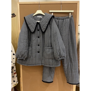 韩系复古格子高品质三层夹棉睡衣冬季女新款加厚可外穿家居服套装