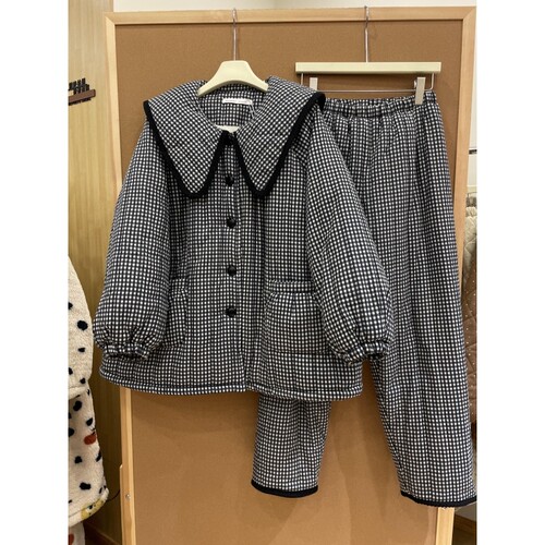 韩系复古格子高品质三层夹棉睡衣