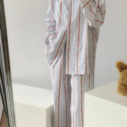 韩版甜美碎花条纹长袖睡衣女夏季网红风开衫长裤家居服宽松两件套