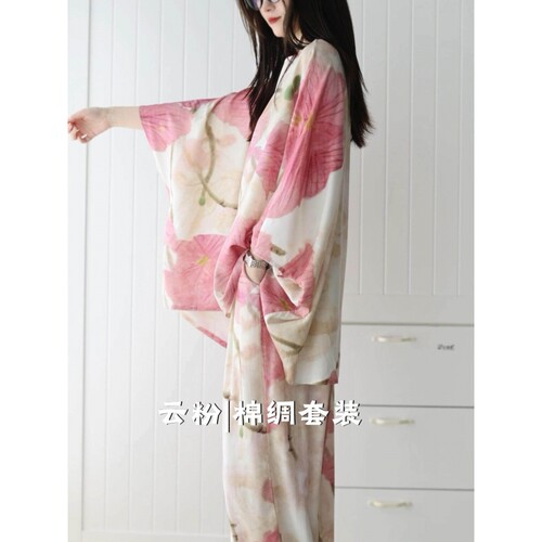 沐染家 女士甜美花卉绵绸睡衣女夏季亲肤舒适透气可外穿居家套装