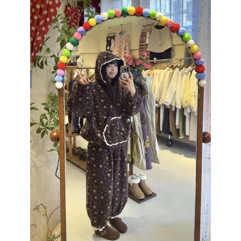 日系复古甜美碎花珊瑚绒睡衣冬季