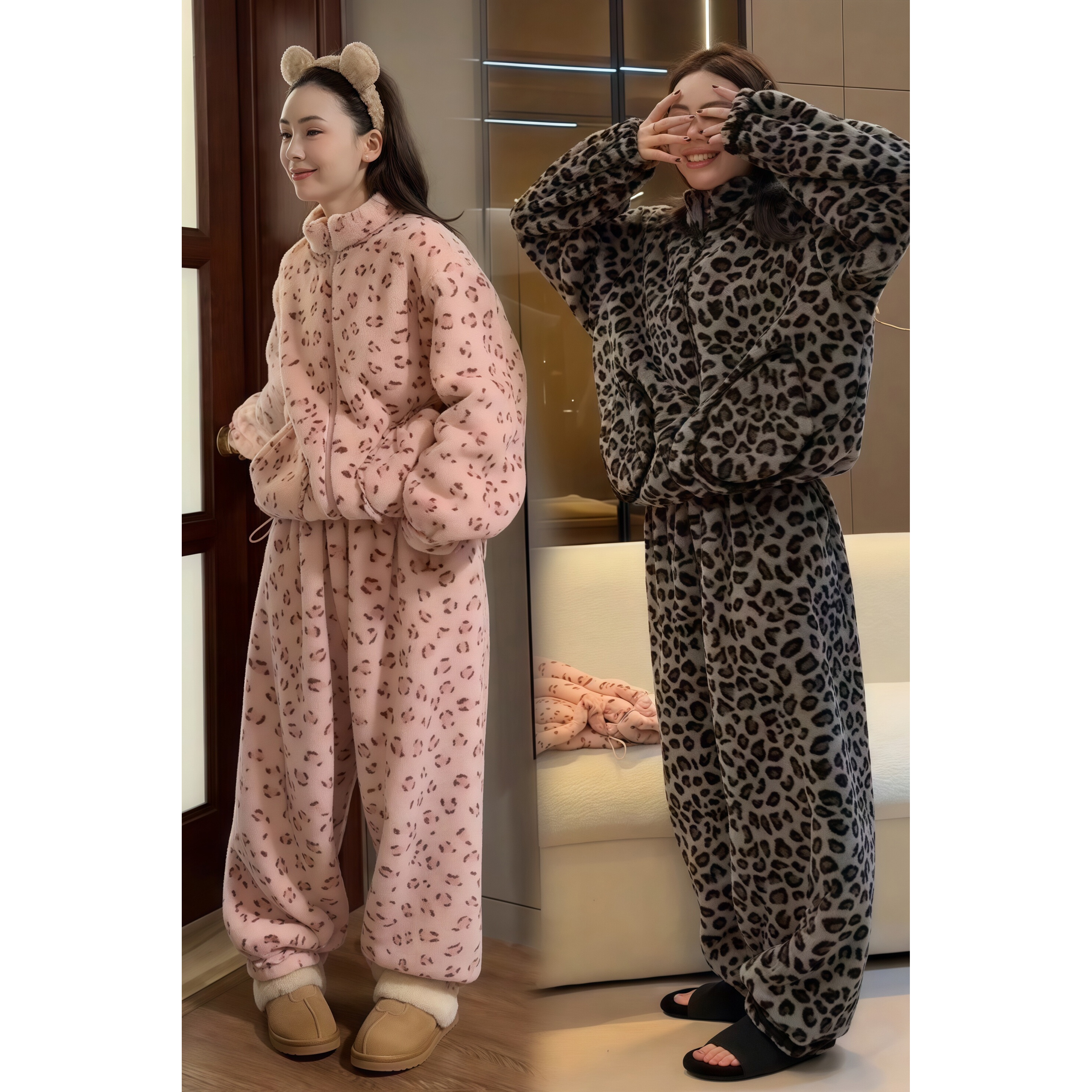 甜酷可爱豹纹加厚珊瑚绒睡衣冬季女款大码法兰绒家居服套装可外穿