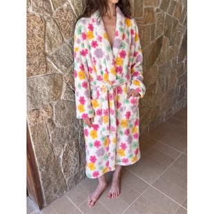 沐染家 少女甜美花朵印花珊瑚绒睡袍冬季女加厚可外穿家居服浴袍