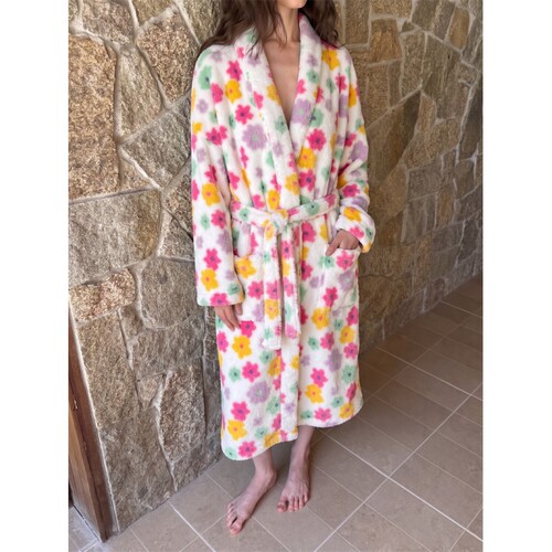 沐染家 少女甜美花朵印花珊瑚绒睡袍冬季女加厚可外穿家居服浴袍