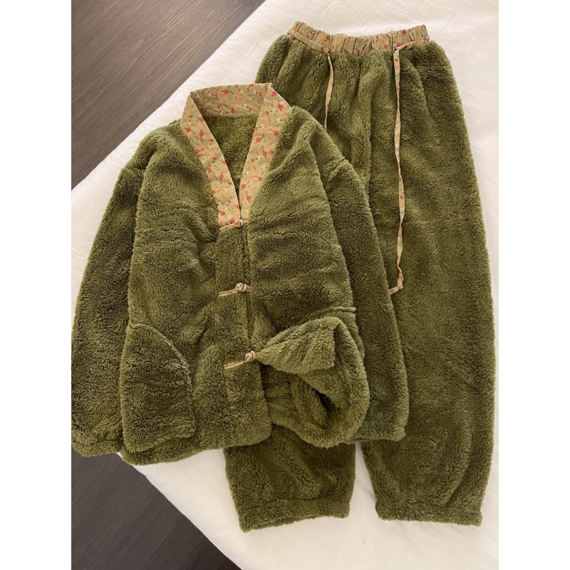 韩系复古碎花V加厚珊瑚绒睡衣冬