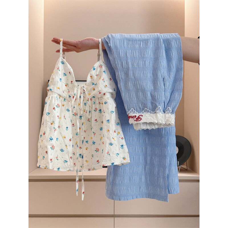 沐染家 甜美小碎花吊带睡衣女夏款2026年新款背心长裤家居服套装