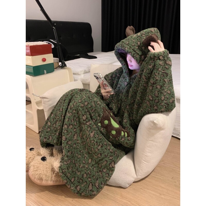 沐染家 毛绒卡通连帽珊瑚绒睡袍女冬季加绒加厚中长款家居服浴袍