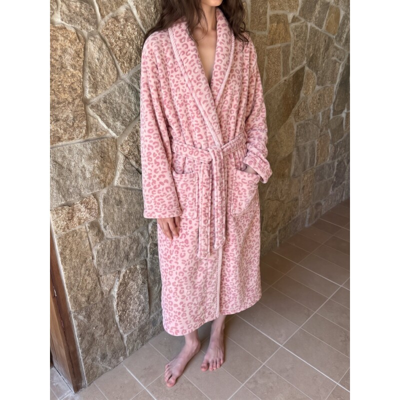 沐染家 轻奢豹纹珊瑚绒睡袍女冬季加厚中长款系带家居服浴袍大码