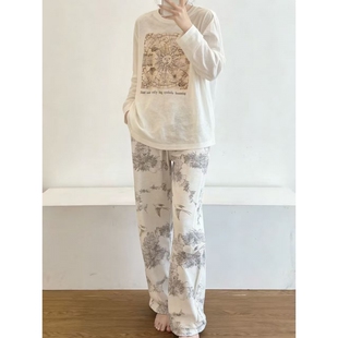 T恤长裤 新款 家居服两件套 韩系小众设计感印花睡衣女春秋季 沐染家