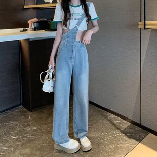 2026春秋新款单肩背带裤女士不规则设计感小众显瘦减龄牛仔连体裤