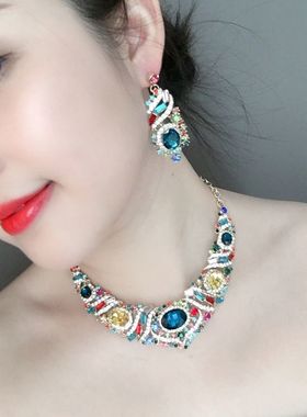 欧美奢华水晶装饰项链锁骨链耳环套装短款女夸张个性晚宴礼服配饰