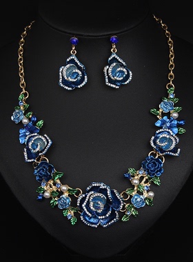 新款欧美彩色装饰个性女瑞丽花朵镶钻项链耳环套装中古气质女配饰