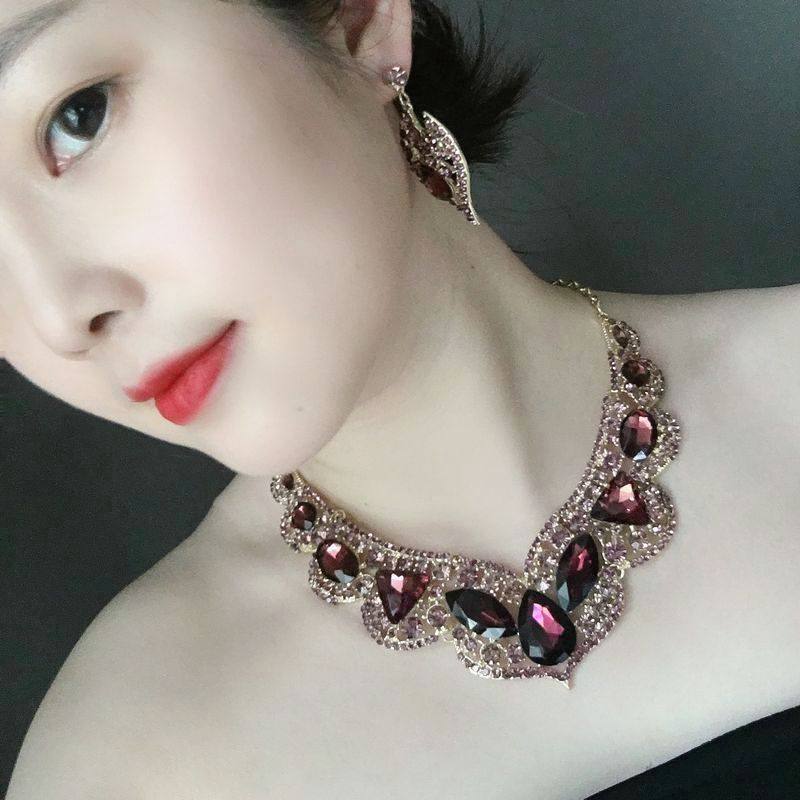 欧美紫色水晶玻璃锁骨宴会两件套