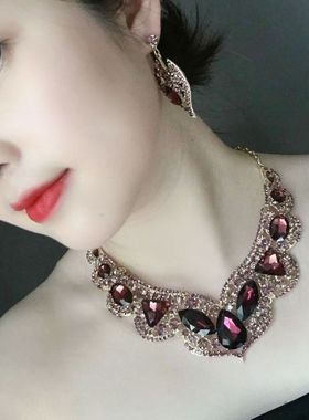 欧美紫色水晶玻璃锁骨宴会两件套