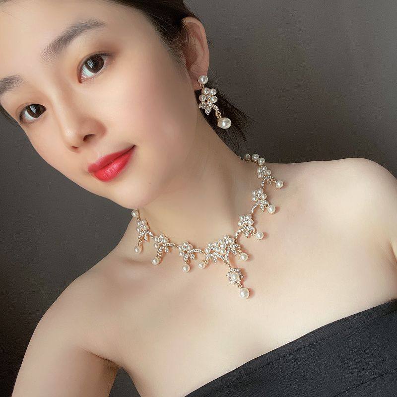精品新款欧美时尚夸张大牌珍珠项链套装水钻女耳环婚纱礼服配饰品