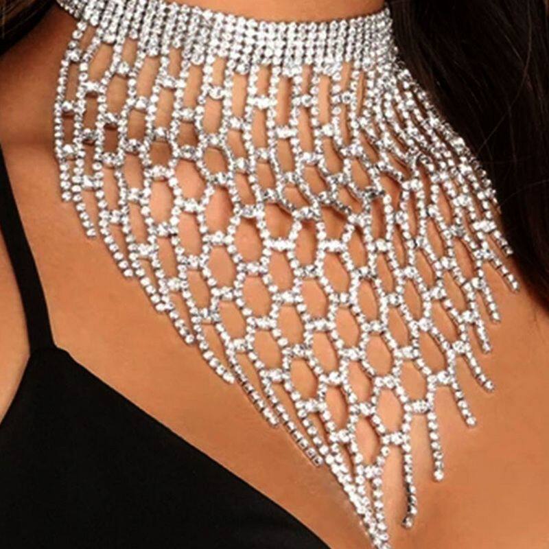亚马逊火爆水钻项链 网格镂空流苏颈链 多层性感锁骨链女choker