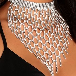 亚马逊火爆水钻项链 网格镂空流苏颈链 多层性感锁骨链女choker