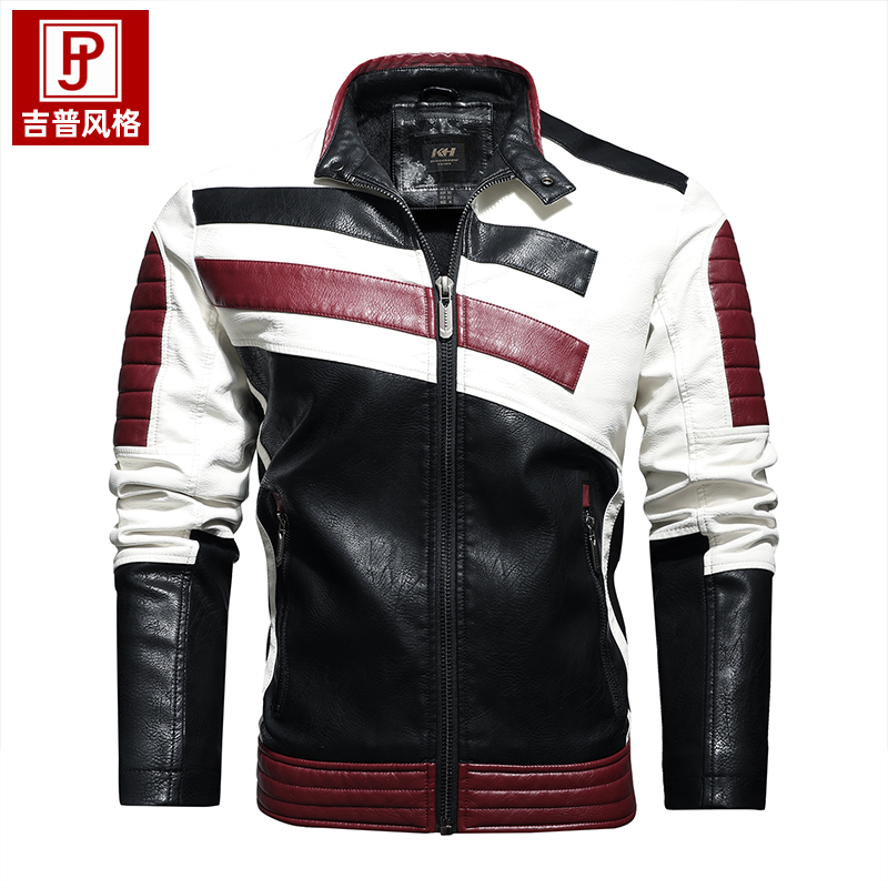 潮新款拼接哈雷皮衣机车服