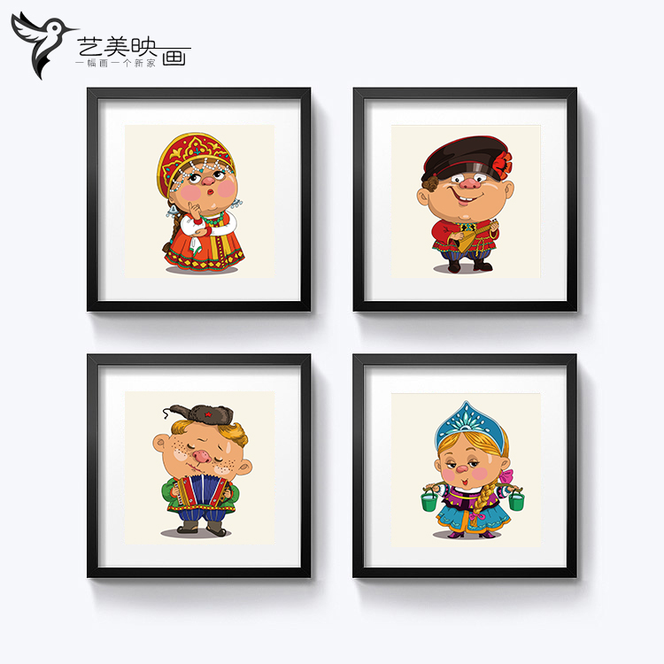 【俄罗斯民族风人物】卡通民族特色酒店走廊壁画墙装饰三联客厅画图片