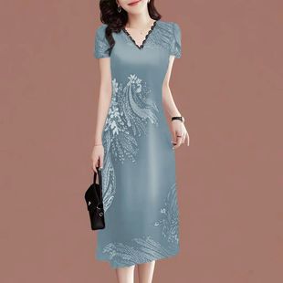 断码 夏季 清仓捡漏 中年民族风蕾丝女装 连衣裙 新款 洋气印花v领修身