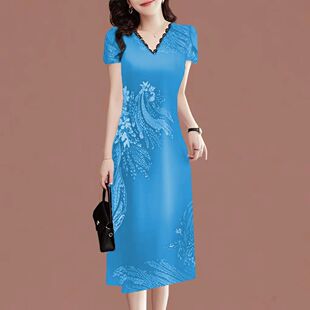 断码 夏季 清仓捡漏 中年民族风蕾丝女装 连衣裙 新款 洋气印花v领修身