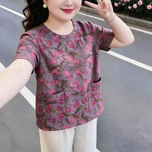 夏季新品短袖双口袋气质舒适百搭圆领高级感国风T恤妈妈上衣女