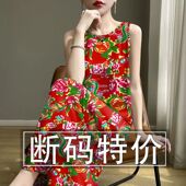 时尚 圆领裙 连衣裙复古印花百搭民族风无袖 新款 中国风宽松显瘦大码