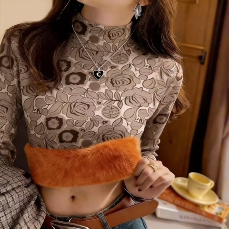 印花打底衫女士秋冬内搭保暖长袖上衣加绒加厚大码显瘦妈妈装上衣