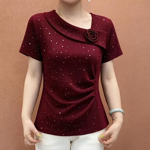 冰丝螺纹夏季满天星修身减龄显瘦斜领玫瑰花T恤百搭纯色女士上衣