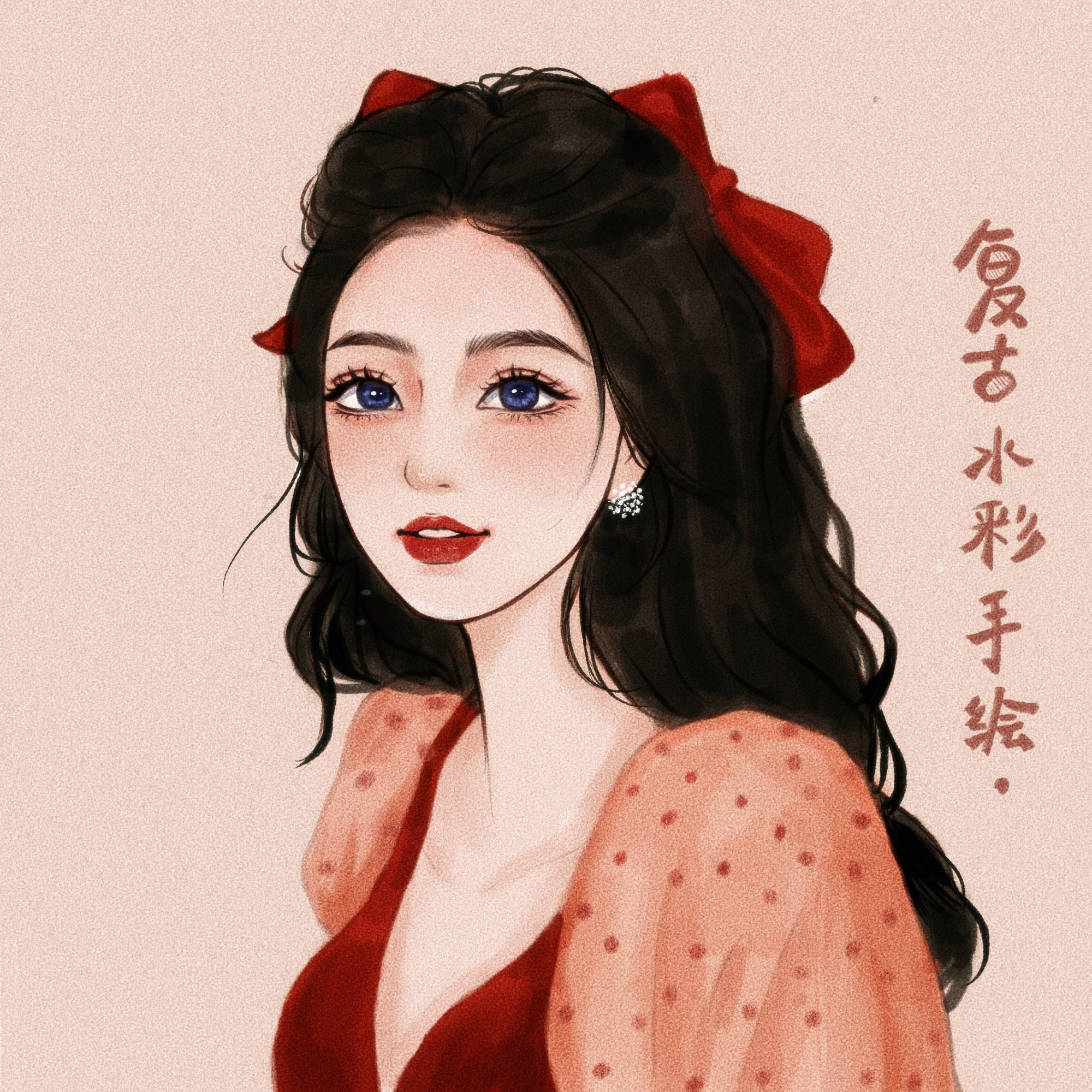 复古粉黛半写实水彩手绘插画头像