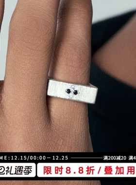 KREAM 925银 极简拉丝开口戒指男锆石十字方形个性指环女高级情侣