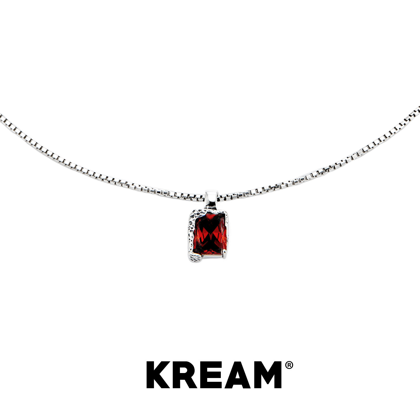 KREAM 通体925银 做旧熔岩纹方形红钻项链男嘻哈女毛衣锁骨链情侣