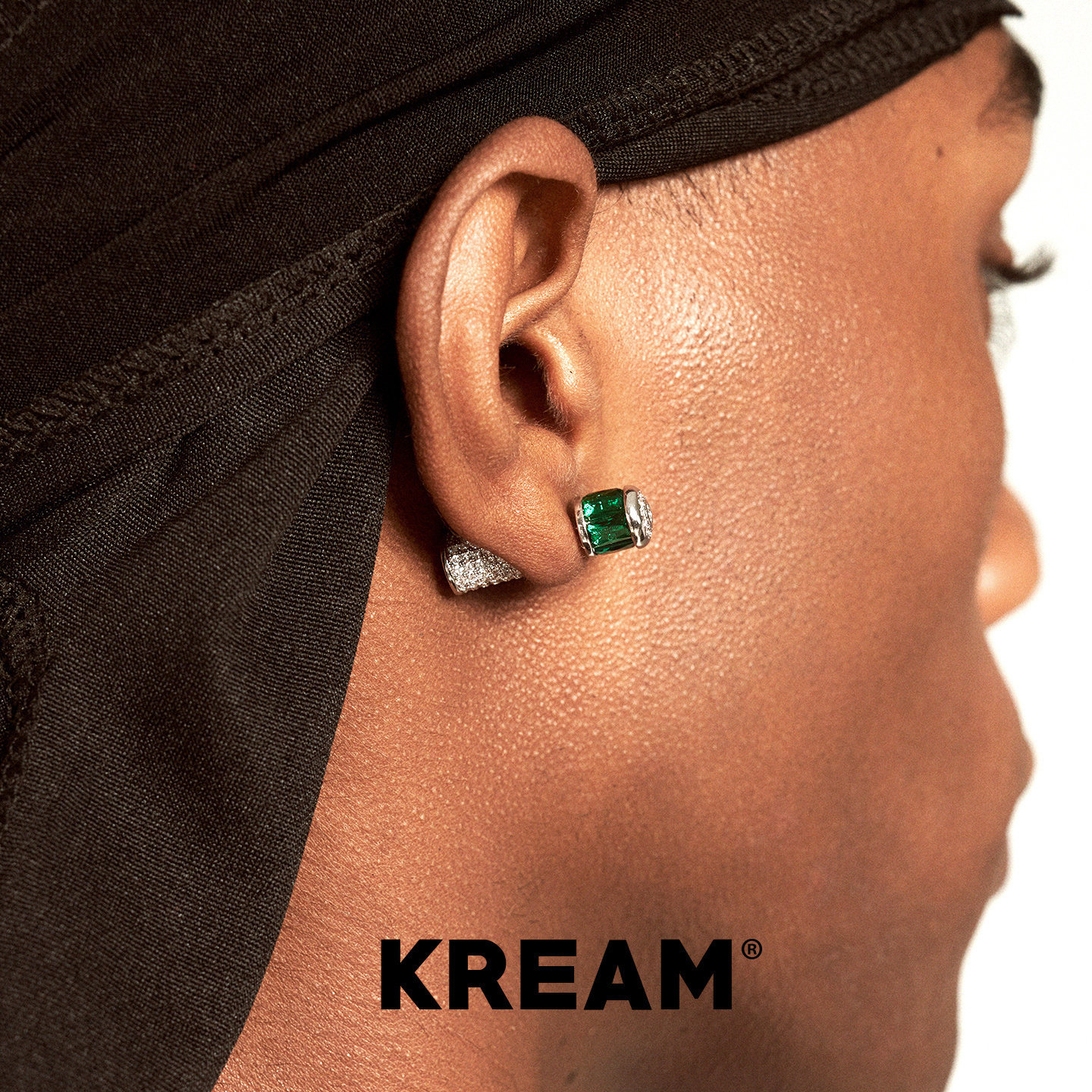 KREAM 满钻绿方钻个性耳钉男嘻哈女同款 earring