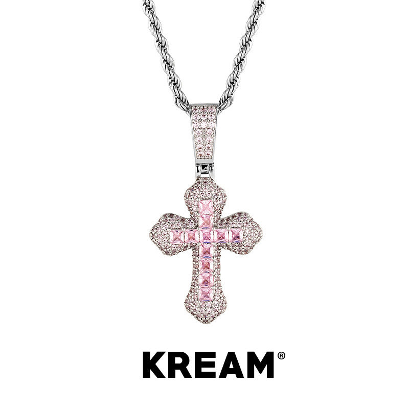 KREAM 粉白钻十字项链男女同款嘻哈潮流情侣锁骨链毛衣链