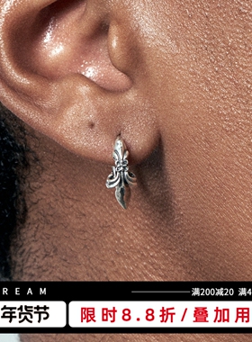 KREAM 925银复古做旧鸢尾徽章耳圈男嘻哈女欧美潮流耳环耳钉个性