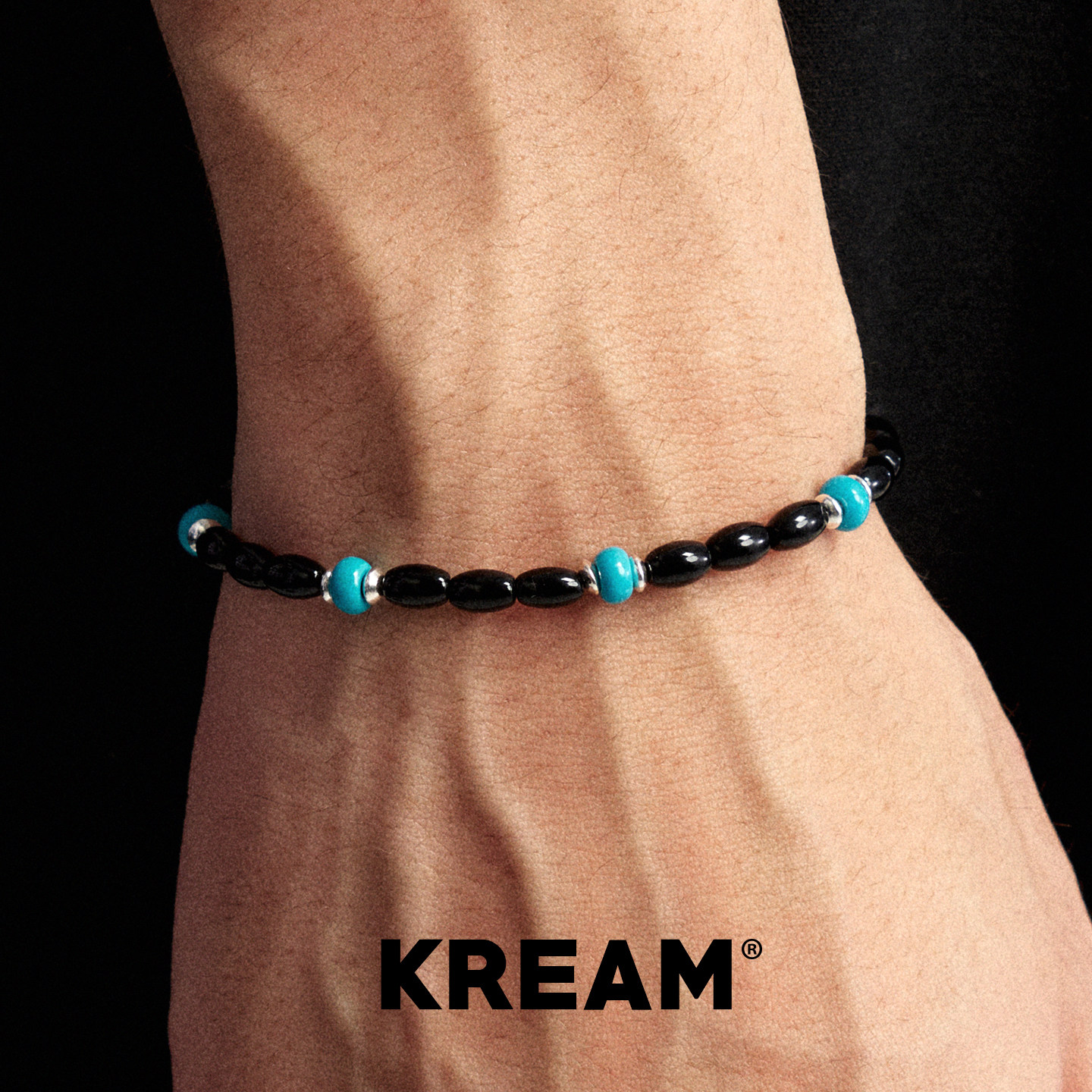 KREAM 925银黑玛瑙蓝松元素手链男欧美潮流女串珠手饰情侣手串