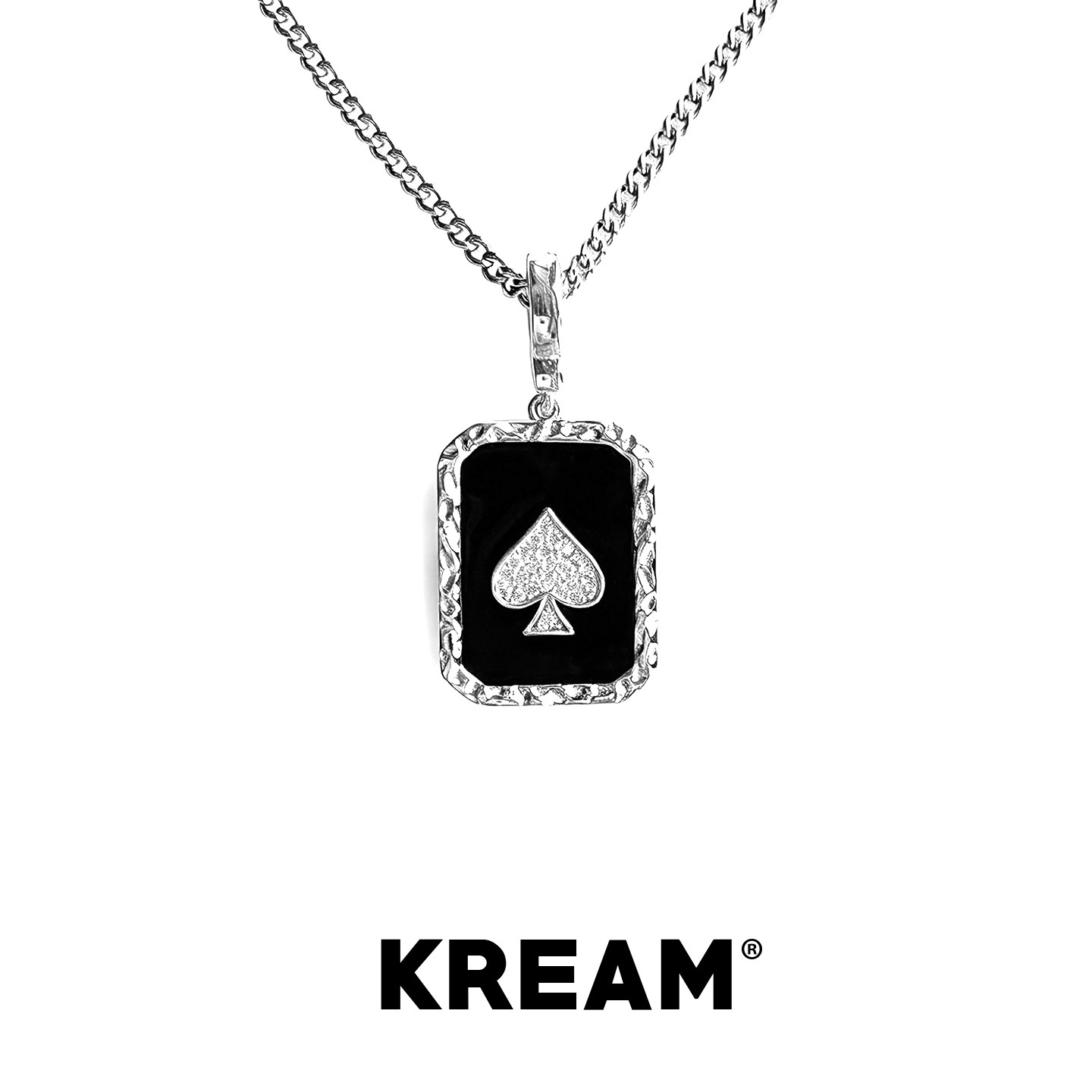 KREAM 纯银方牌黑油扑克桃心吊坠男欧美潮流女项链百搭锁骨链情侣