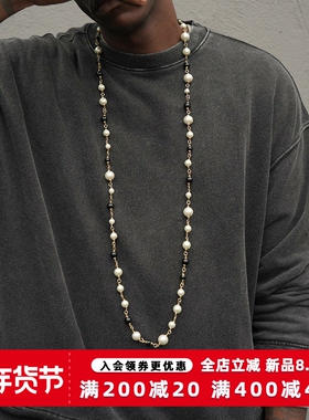 kream 加长可叠戴 黑白透明拼接珍珠项链嘻哈男女同款毛衣链ins