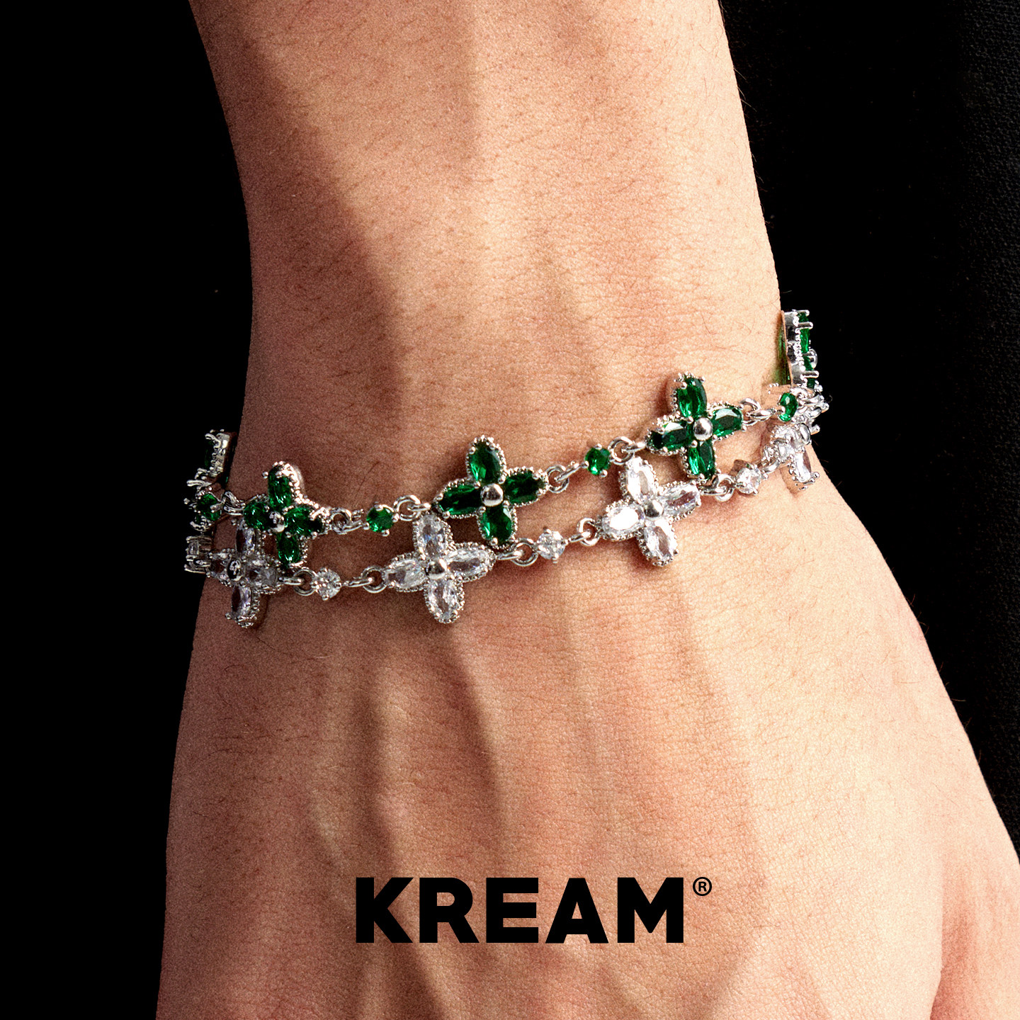 KREAM 绿黄白彩钻十字手链男嘻哈女欧美潮流情侣手饰礼物