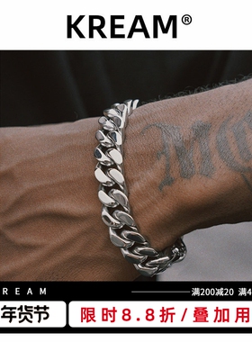 kream 立体钛钢银色古巴手链嘻哈男 欧美流行 古巴链 cuban link