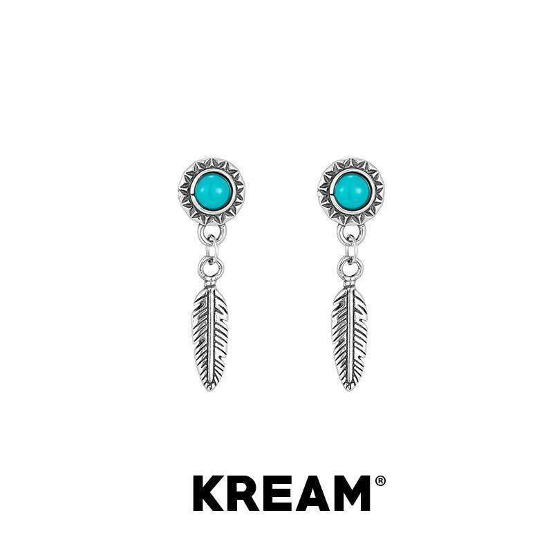 KREAM 纯银羽毛绿松耳钉男高级感个性耳坠女潮