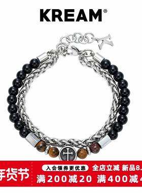 KREAM 黑曜石双层虎眼石十字骷髅手链男嘻哈女同款