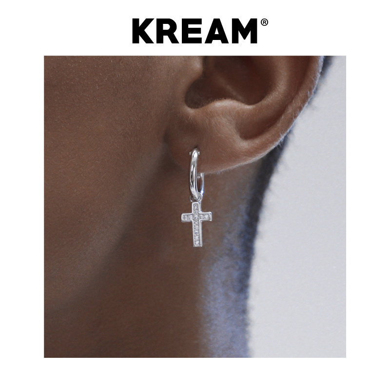 KREAM S925 纯银圆环锆石十字耳圈男女嘻哈同款耳钉坠内马尔