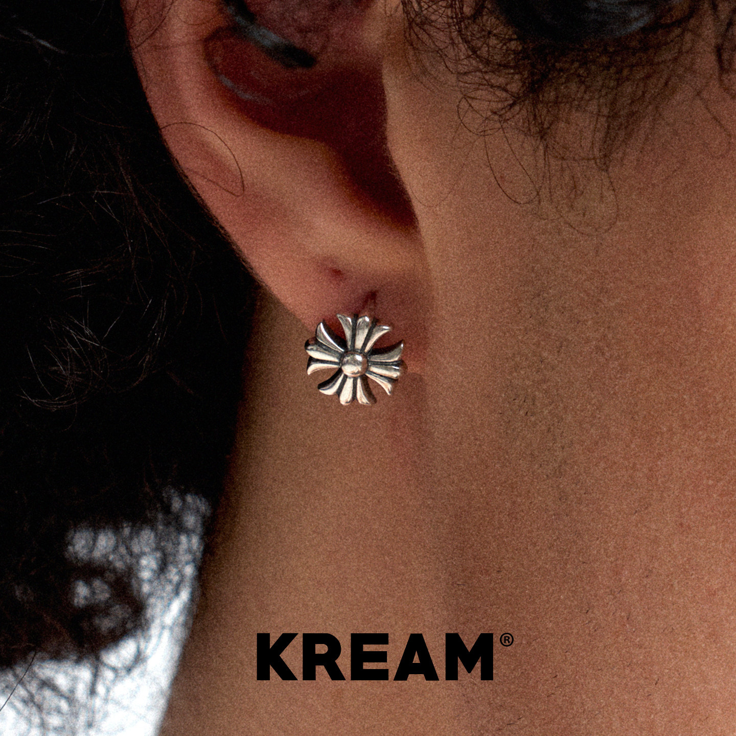 KREAM 925银复古做旧鸢尾十字耳钉男嘻哈女耳环欧美潮流情侣耳饰