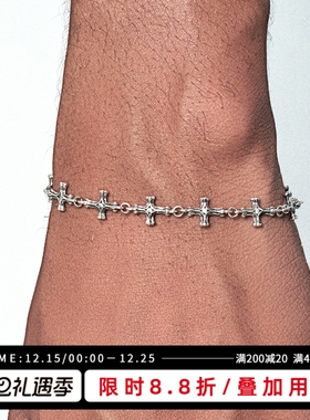 KREAM 通体925银做旧十字手链男嘻哈女欧美潮流情侣礼物